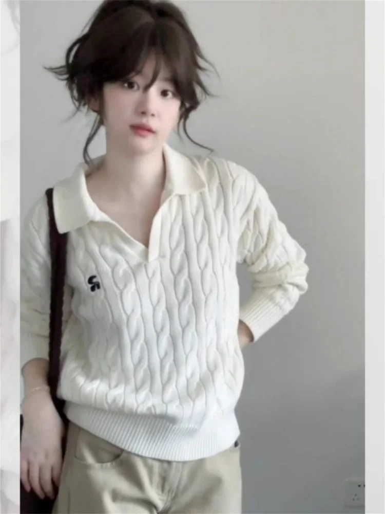 

Korean Lazy Sle Faion Simple Loose Slimming Long Sve Collar Embroidered Soft Knitted Twist Knit Sweater for Women