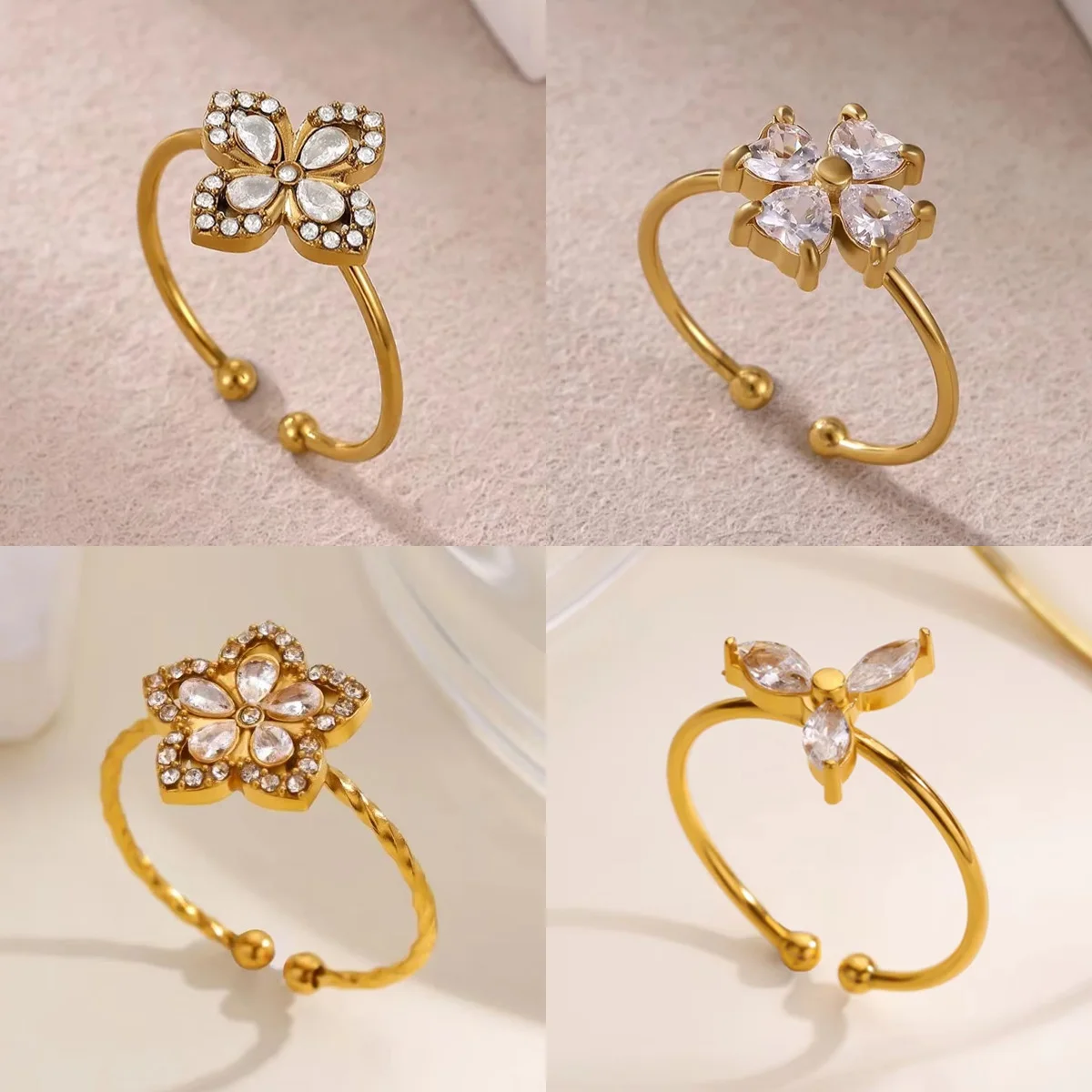 Modische Zirkon-Blumenringe für Frauen Goldfarben Edelstahl Blumen-Geometrie Verstellbarer Ring Hochzeitsschmuck Geschenk