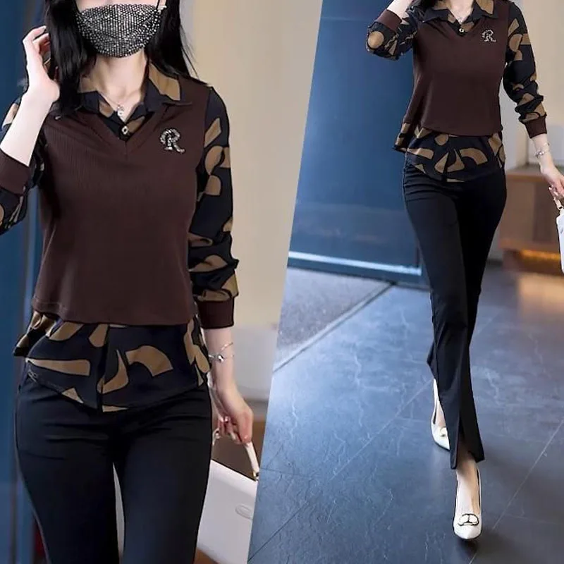 2024 Autumn New Women's Fake Two Pieces Blouse Square Collar Button Spliced Printed Elegant Slim All-match Long Sleeve Shirt Top