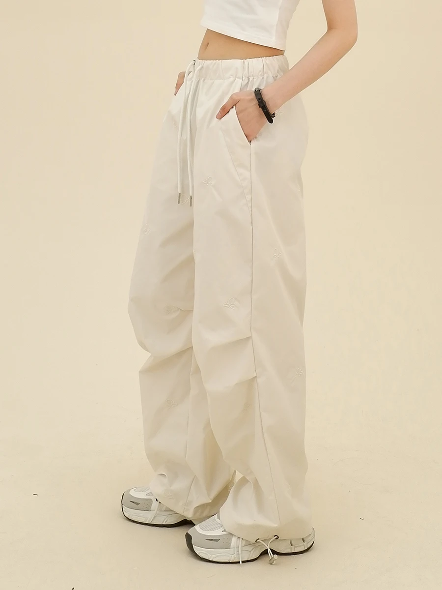 Bow casual pants for women in spring 2024, new loose fitting BF American style high street retro couple wide legs