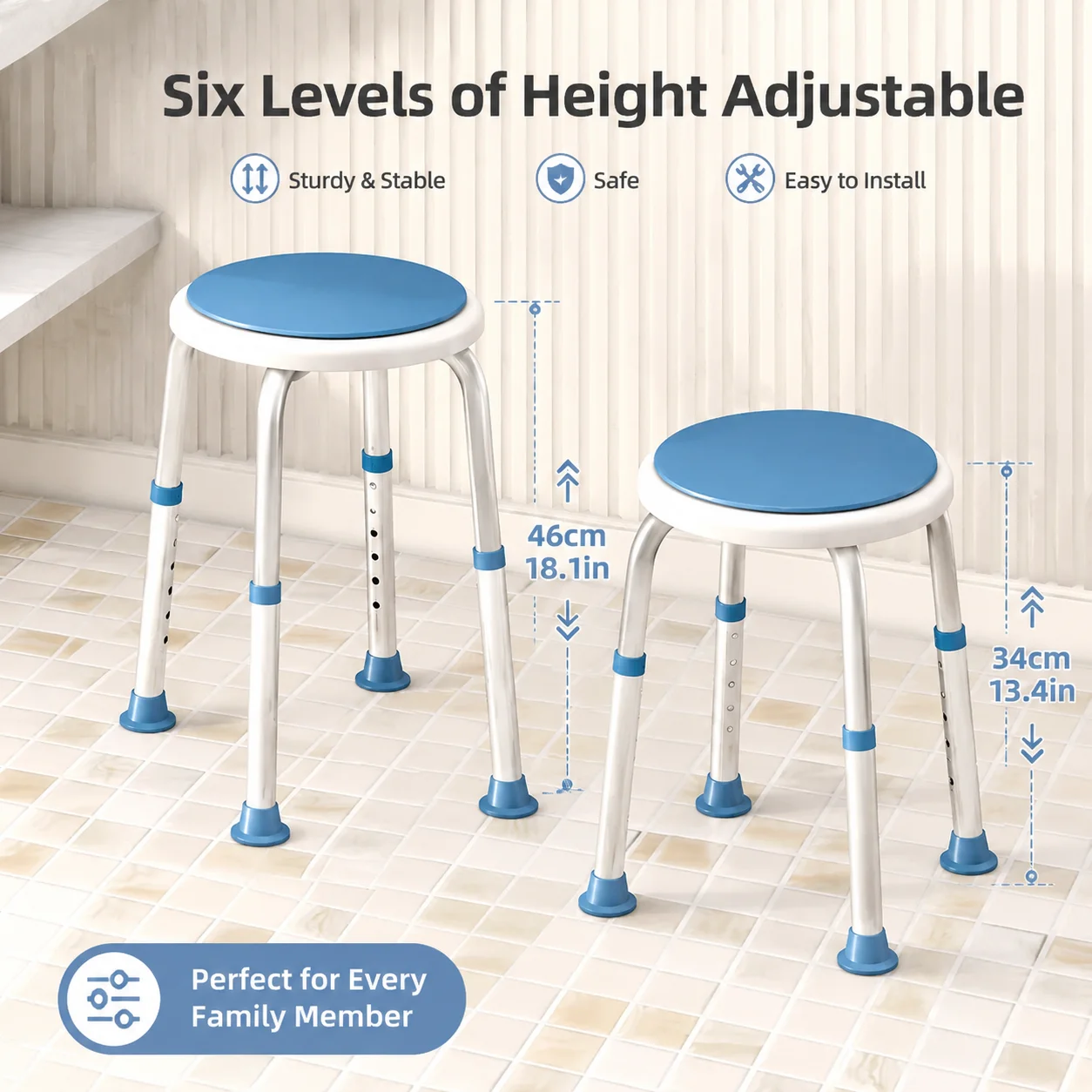 Adjustable 360° Rotating Shower Chair for Seniors – Anti-Slip Folding Bath Stool with 6 Height Settings, Aluminum Alloy Frame