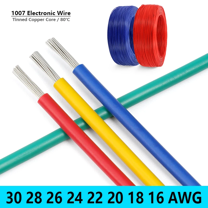 

5~100m 1007 Electric Stranded Wire 30 28 26 24 22 20 18 16 AWG PVC Insulation Tinned Copper Cable 300V DIY LED Power Cord