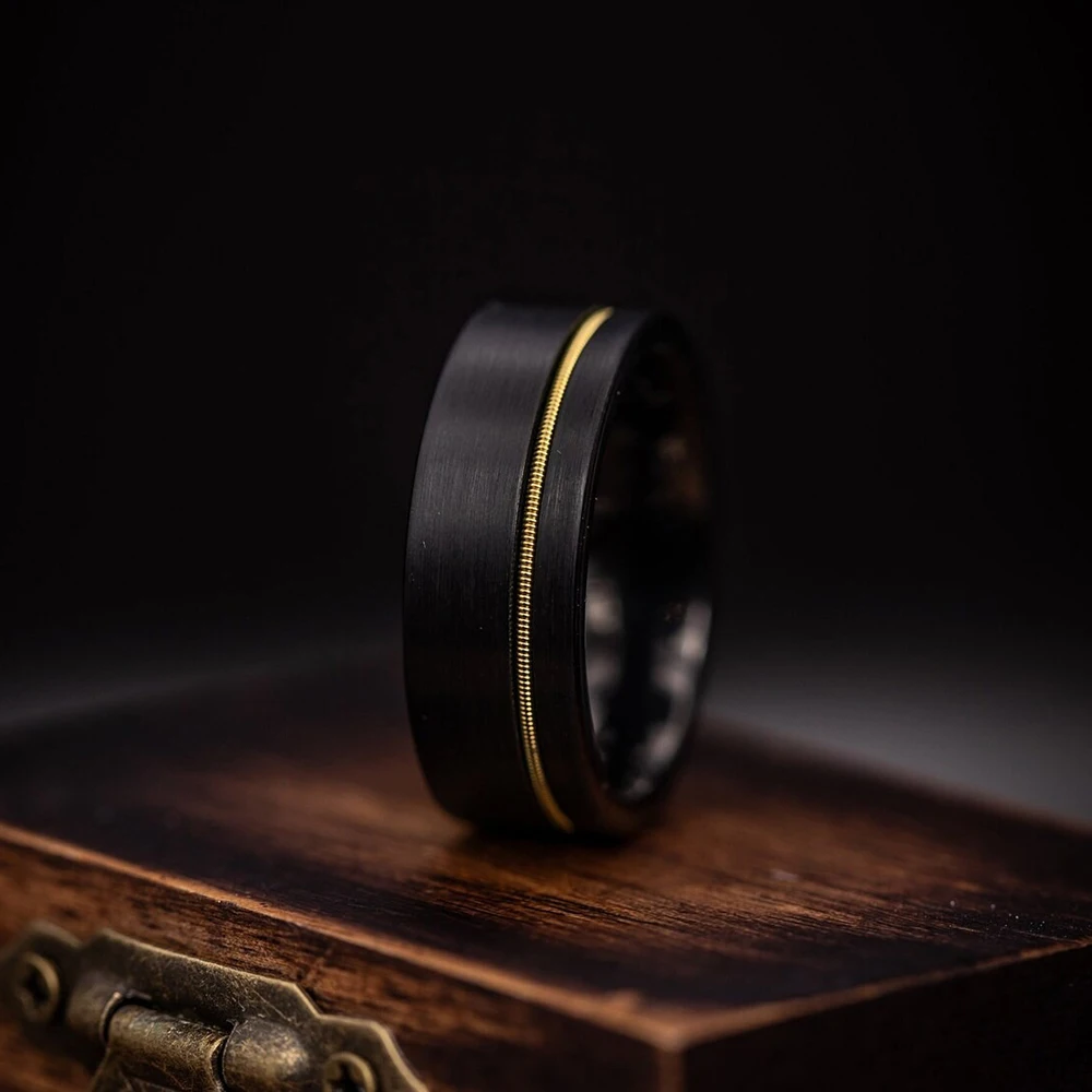 Fashion Black Stainless Steel Rings for Men With Guitar String Inlay Guitarist Ring For Musician Wedding Jewelry Drop Shipping