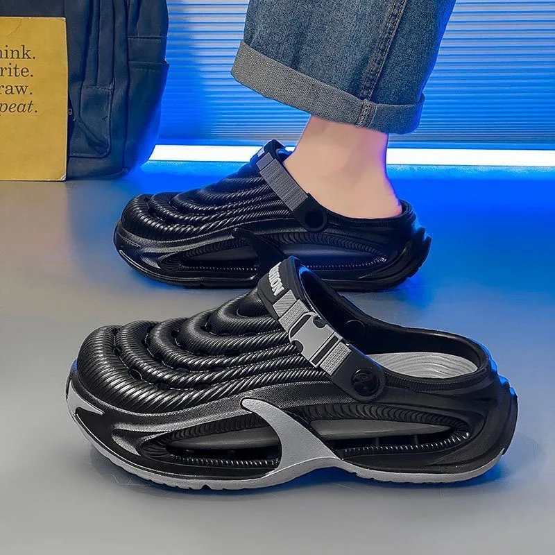Men's thick-soled cool slippers men's summer wear one-word drag breathable beach shoes outdoor hole shoes bag head drag view 4