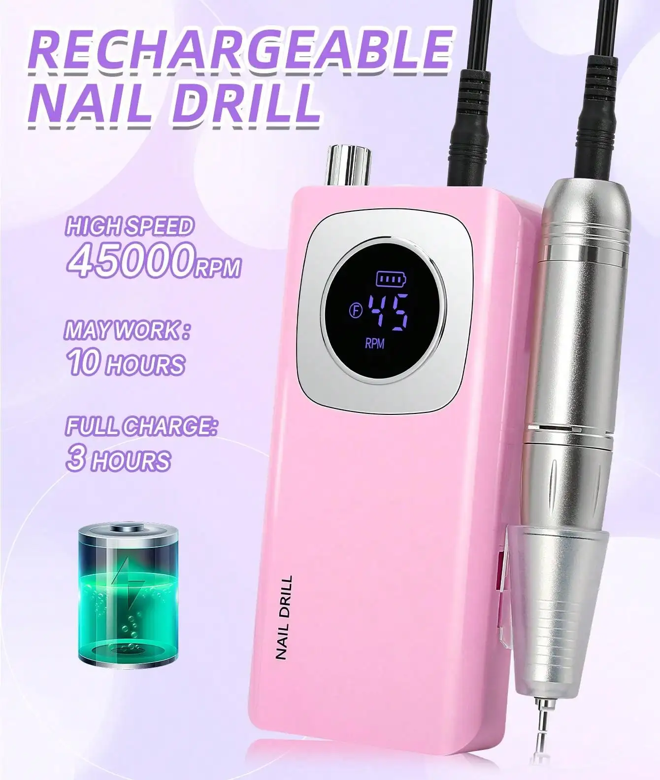 Electric Nail Drill Kit, Portable Rechargeable Nail Drill, 45000 RPM for Acrylic Nails, Gel Nails Polishing Shape Tool