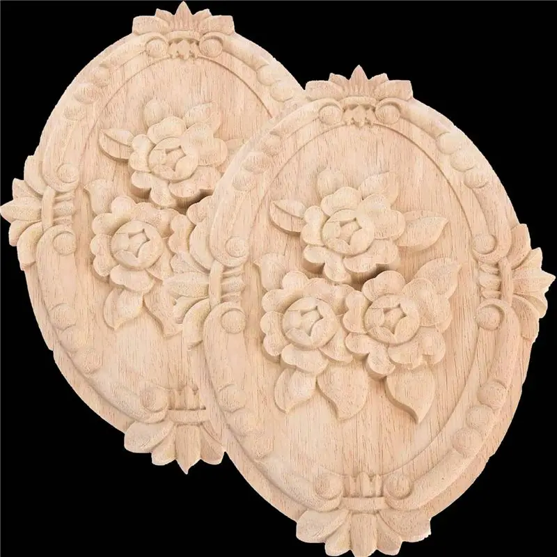 A01F-10Pcs Wood Carved Applique Frame Onlay Unpainted Furniture Decoration Unpainted Oval Patterns 21X15cm