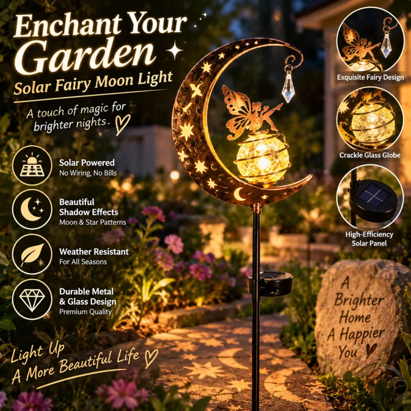 Moon Fairy Garden,Solar LED Light Outdoor Metal Stake Lamp, Crackled Glass Ball Waterproof Yard, Lawn Patio Decoration Gift New