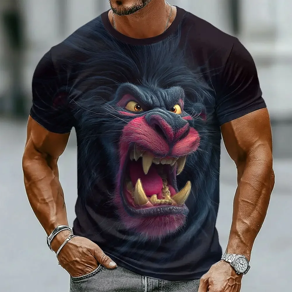 Fashion Men 3D Fierce Big Dog Face Graphic T‑Shirt Realistic Angry Puppy Print Short‑Sleeve Novelty Streetwear Casual Tee