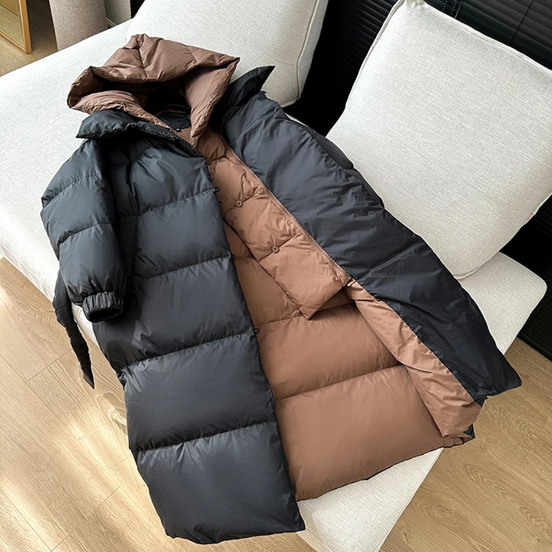 Thicken Warm Long Down Jacket Fashion Women 90 White Duck Down Puffer Parka Coats Removable Hood Winter Snow Outwear Female