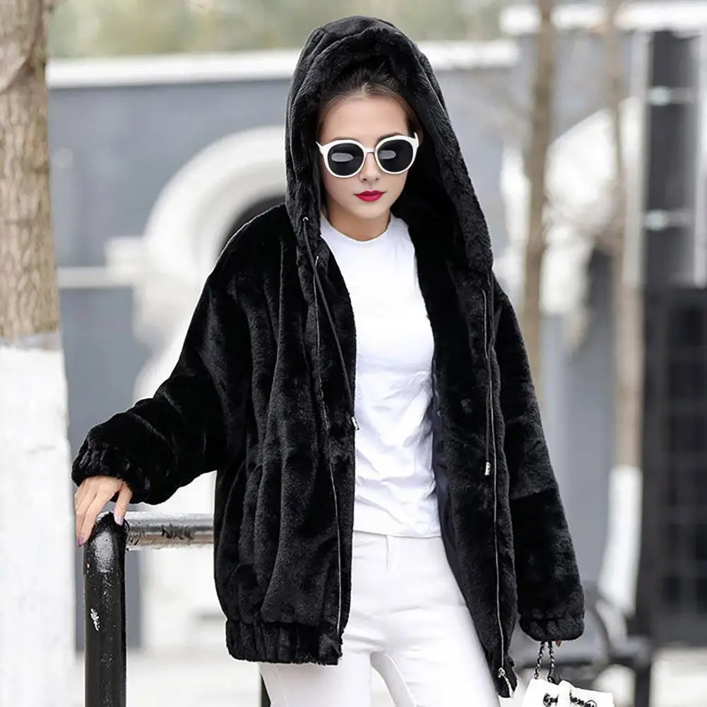 2026 Women Jacket Thick Plush Faux Rabbit Fur Mid Length Hooded with Pockets Long Sleeves Windproof Zip-up Cardigan Coat