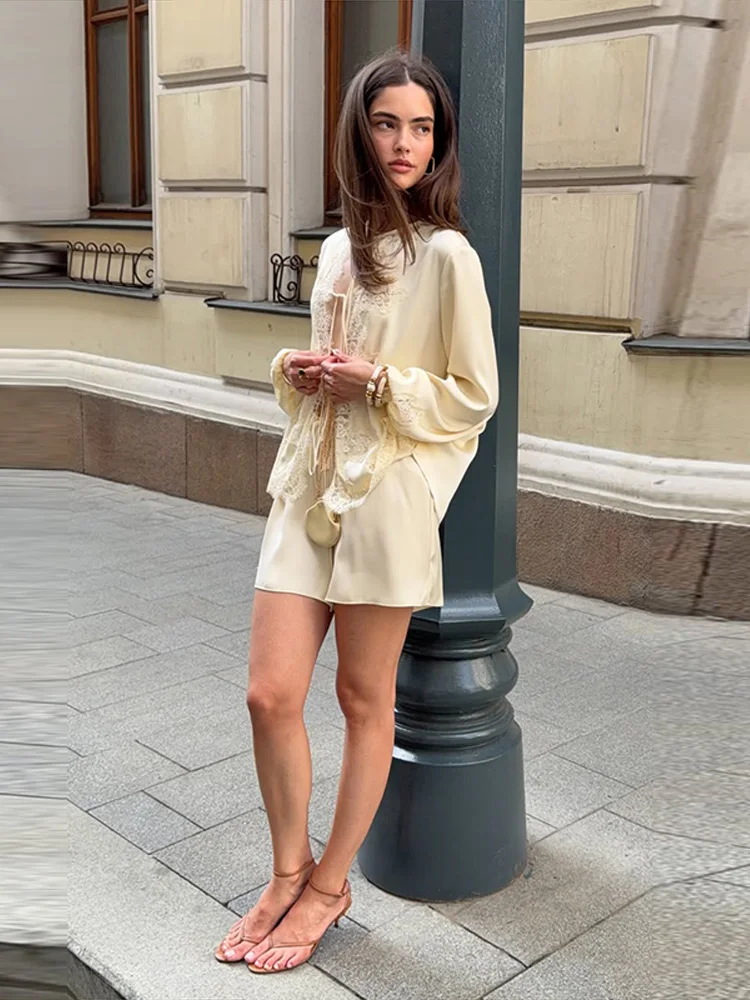 Casual Lace Stain Patchwork Shirt Shorts Suit Women Loose Full Sleeve V-neck Lace Up Shirt High Waist Bottom 2026 Summer New view 3