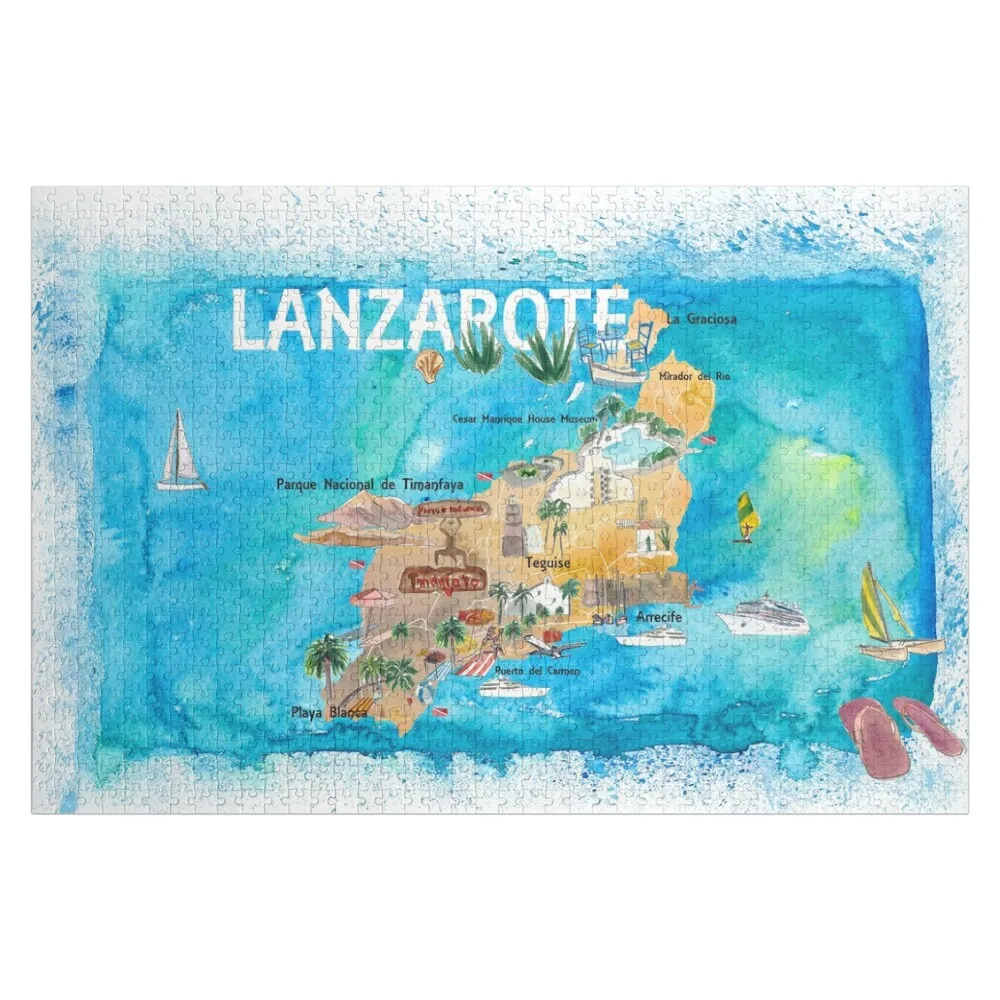 

Lanzarote Canarias Spain Illustrated Map with Landmarks and Highlights Jigsaw Puzzle Custom Name Child Toy Wooden Animal Puzzle