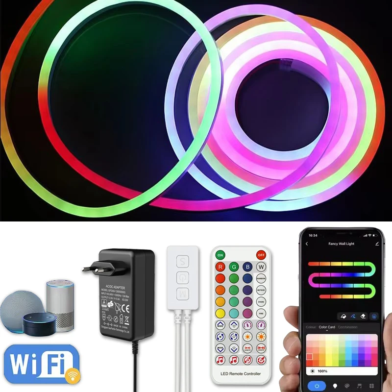 

DC12V RGB светодиодные неоновые веревочные светильники с изменением цвета, синхронизация музыки, управление через приложение, 5 м, водонепроницаемая гибкая лампа для домашнего декора