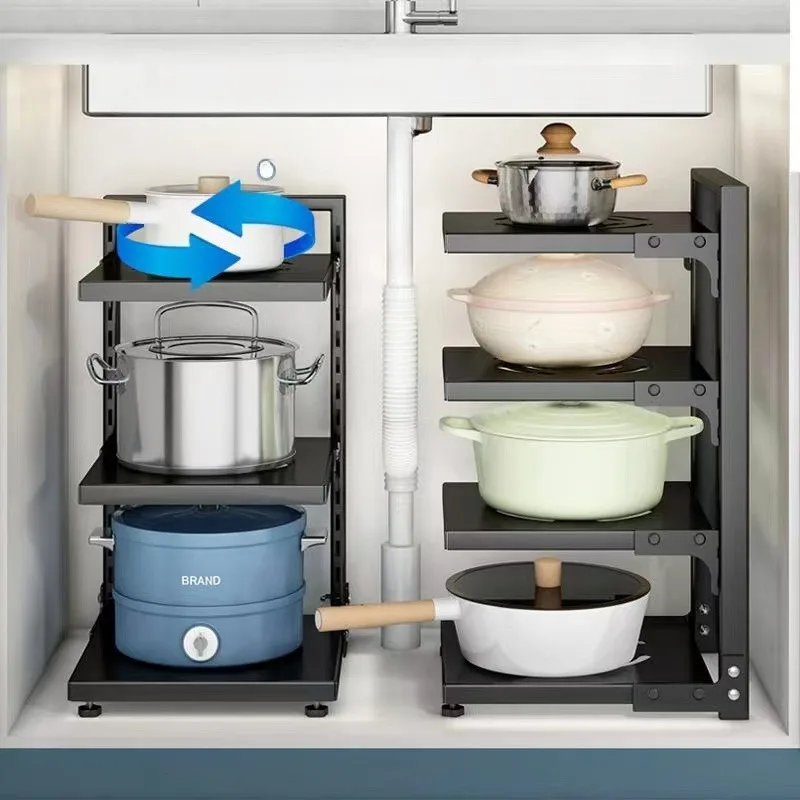 Multi-layer Pot Rack Kitchen Under Sink Storage Rack Storage Shelf Layered Corner Closet Organizer Household Adjustable Cabinets