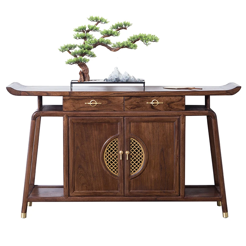 New Chinese-style entrance cabinet Solid wood entry entrance table Foyer cabinet Walnut strip table Zen decoration end view