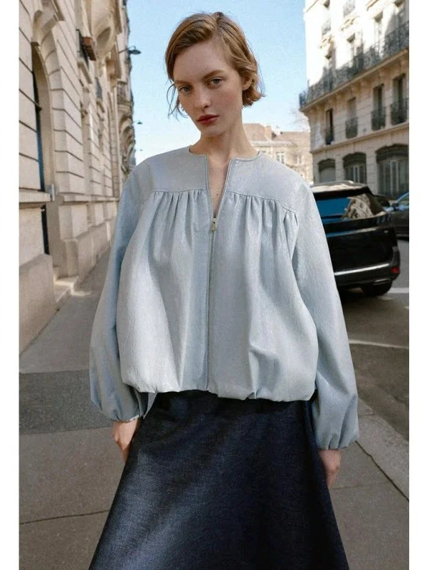 

New Summer Women's Zipper Style Balloon Long Sleeve round Neck PU Leather Short Jacket Coat Casual Standard Fit Polyester Fiber