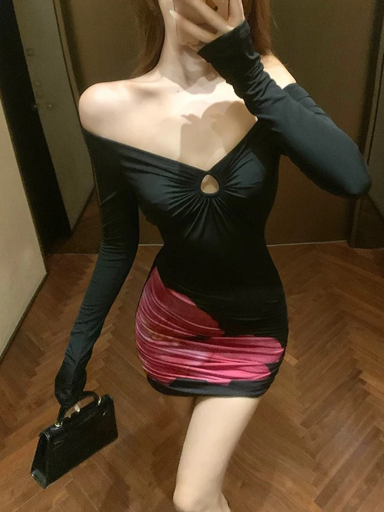 

Сексуальное платье с открытыми плечами, осень 2022, Новое поступление, плиссированное эластичное облегающее женское платье с принтом