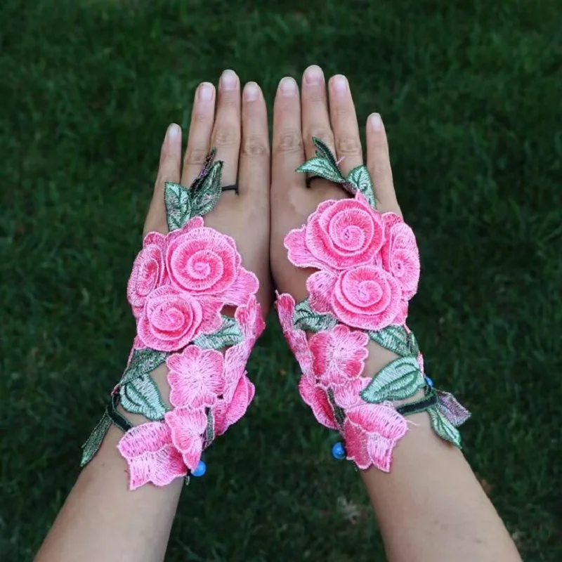 Elegante Blumen Spitze Finger Handgelenk Handschuhe Frauen Kurze Halb Finger Stickerei Rosa Handschuhe Frauen Braut Geschenk