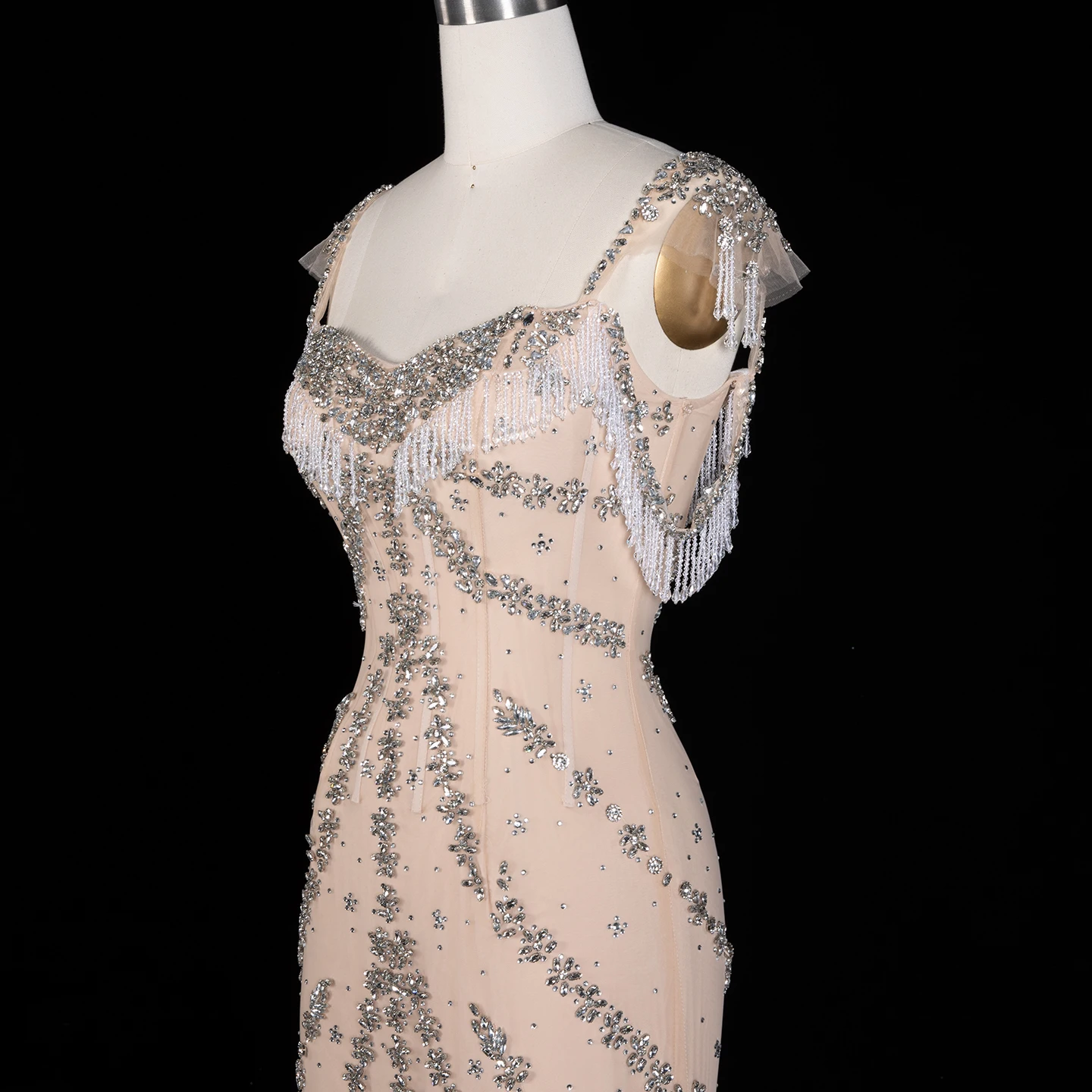 Sharon Said Kendall Jenner Langes Nude Meerjungfrauen-Abendkleid mit Kristallen für Abschlussball, Schwarzes Mädchen-Abschlussfeierkleid SS358 Maßanfertigung – Detail 13
