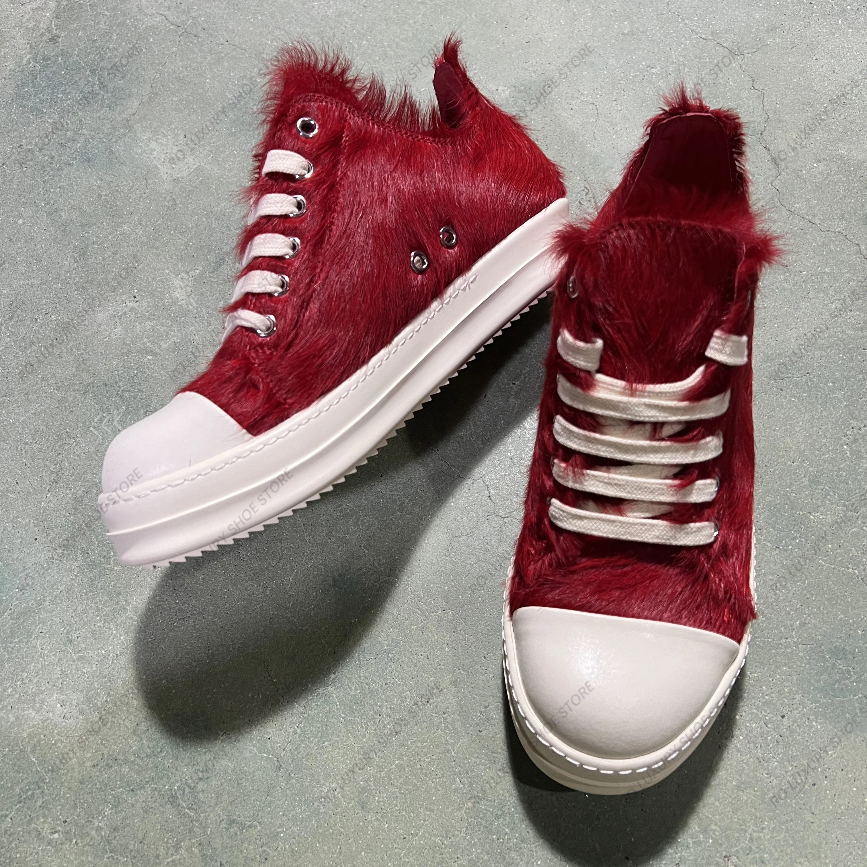 Outdoor Casual Men Shoe Horse Fur Leather Women Sneaker Red Low Top Rowen Lace Up Designer Brand Thick-sole Flat Shoe