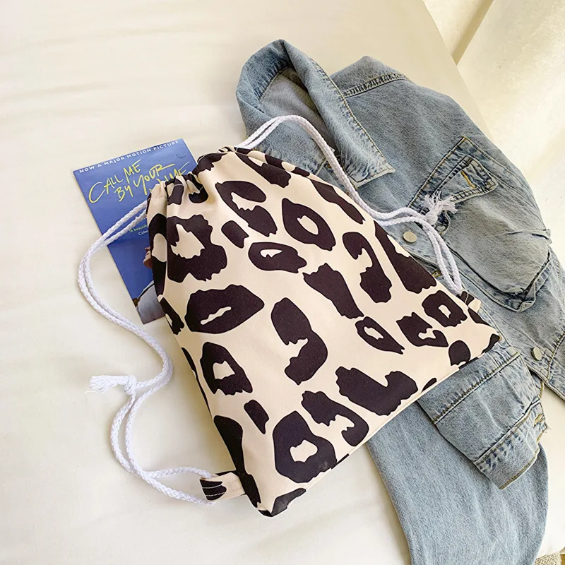 Canvas Drawstring Backpack Bags Fashion Leopard Printed String Women Books Sundries Travel Storage Bag School Back Pack Teenager