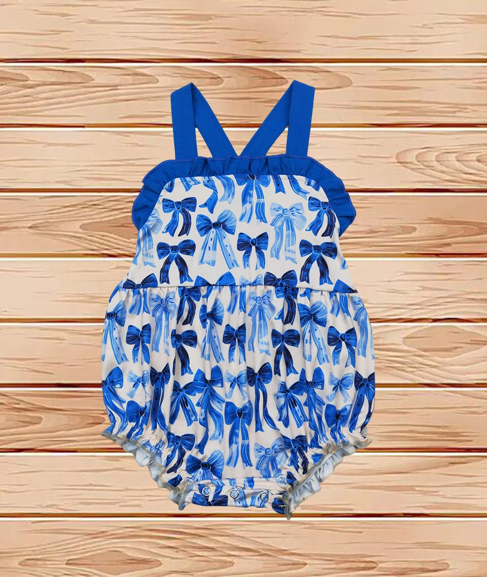 

4.7 Wholesale western boutique onesies Newborn toddler Baby Infant Girls Blue Strap Bows Plaid Ruffle Rompers