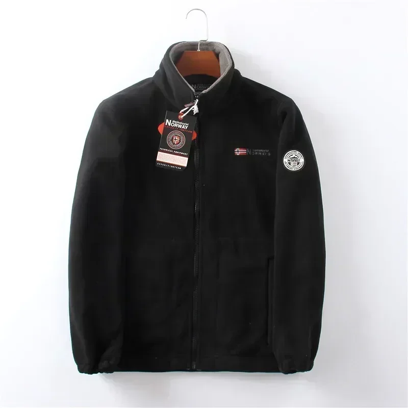 Jaket bulu Polar hangat pria, mantel musim dingin ritsleting termal penahan angin tebal ukuran besar tahan angin hitam musim gugur