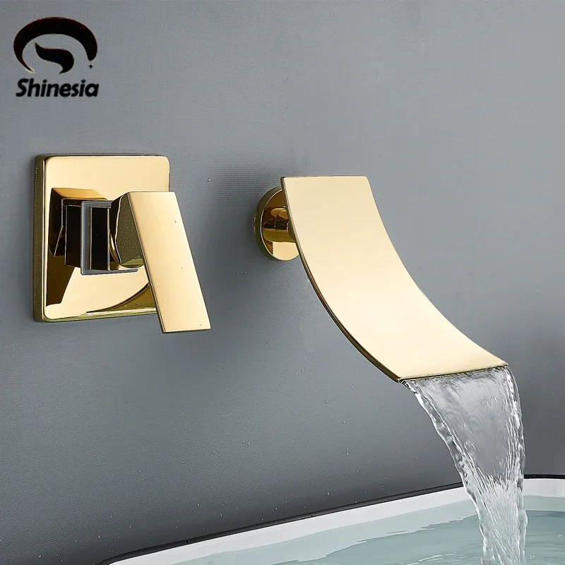 Shinesia Waterfall Bathroom Faucet Concealed Wall Mounted Bathroom Sink Mixer Tap Single Lever Wash Basin Faucets Gold/Black