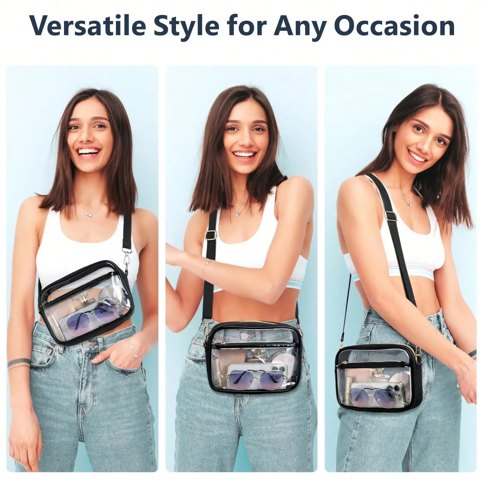 حقيبة كروس شفافة لمهرجانات الموسيقى ومحفظة شفافة معتمدة من الاستاد، وأساسيات الحفلات الموسيقية النسائية الأنيقة