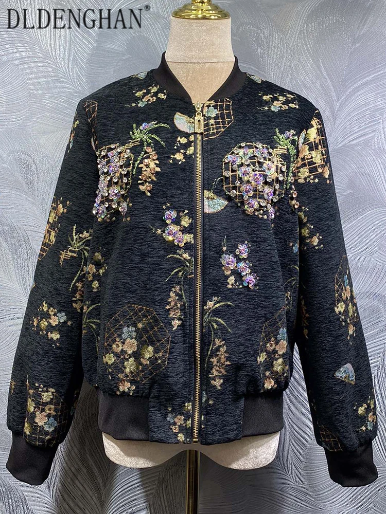 

DLDENGHAN Women's Sequin Diamond Jacquard Jacket O-Neck Long Sleeve Vintage Fashion Autumn Females with Pockets