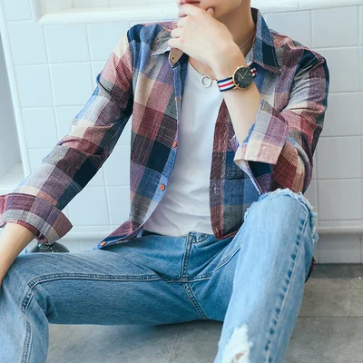 Spring Summer Thin Plaid Long Sleeve Shirt Loose Workwear for Men Youth Fashion Artistic Style Non-iron Treatment
