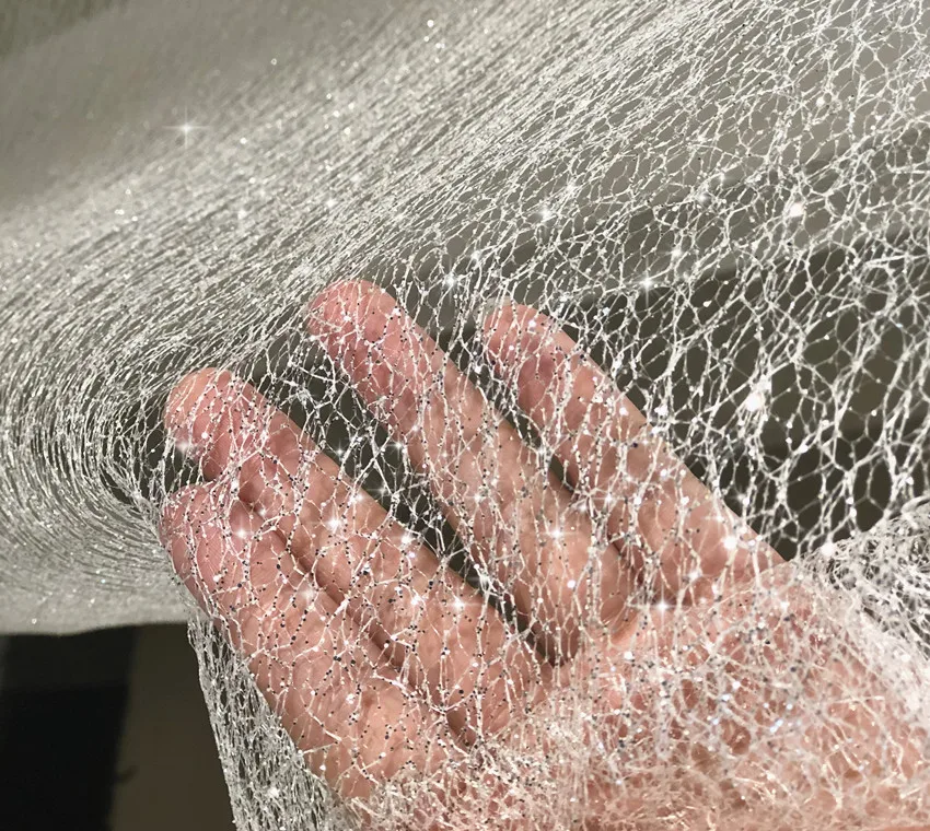 Gilding Silver Spray Shiny Powder Transparent Mesh Messy Draping Fabric for Wedding Dress Hard Fabric