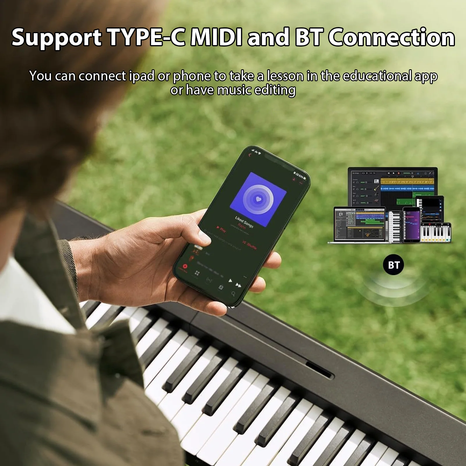 88-Key Foldable Electronic Piano Portable Electric Keyboard MIDI USB BT Connectivity Rechargeable with Music Stand/Piano