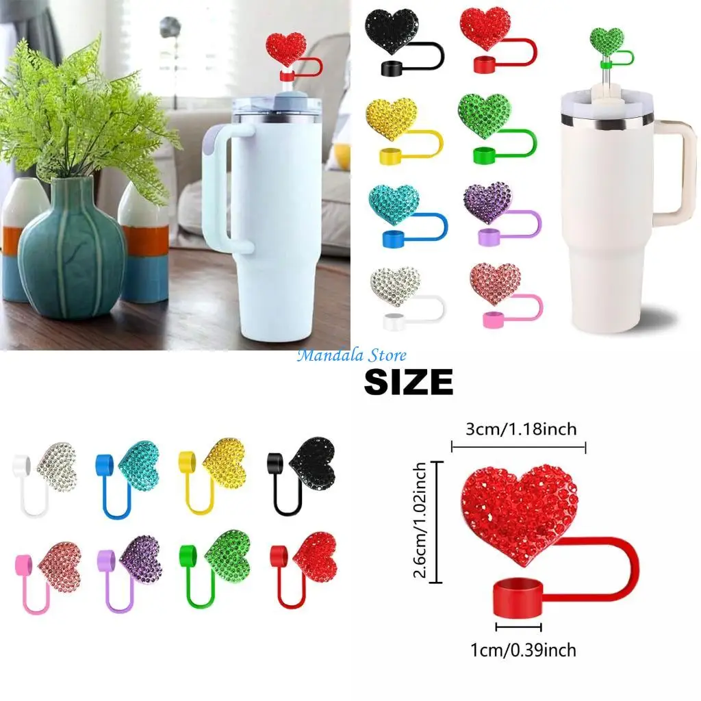U2JC 8 Pack Heart Straw Covers Glittering Silicone Dust Guards For 10mm Diameter Drinkware