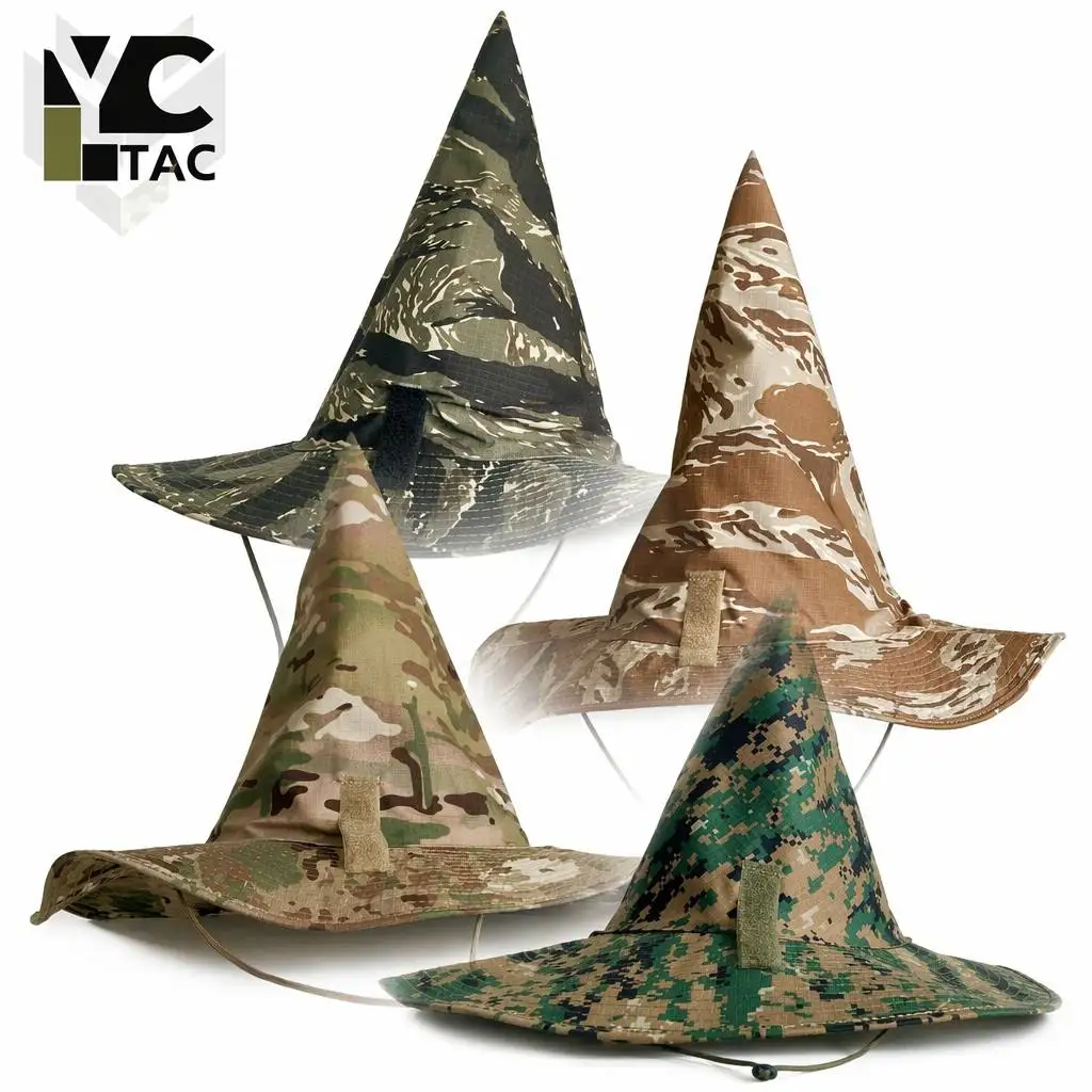 YCTAC Tactical Camo Wizard Hat Breathable Lightweight Foldable Wide Brim Cone Cap for Airsoft Halloween Cosplay