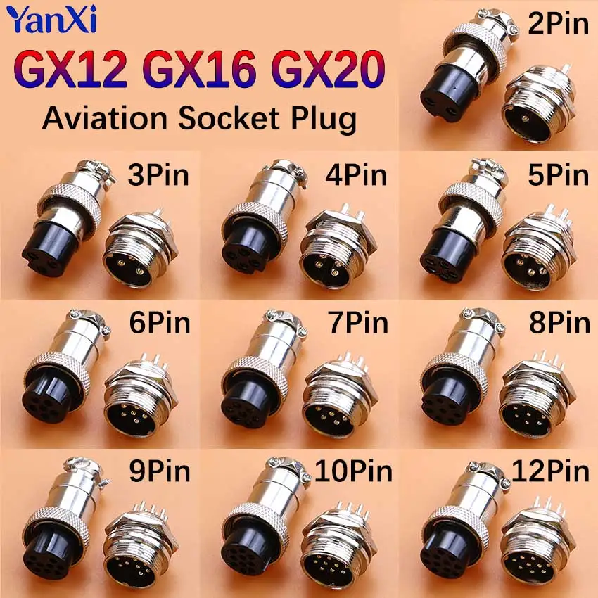 GX12 GX16 GX20 Aviation Plug 2/3/4/5/6/7/8/9/10/12 Pin Metal Aviation Male Female Socket Panel Mount Circular Cable Connector