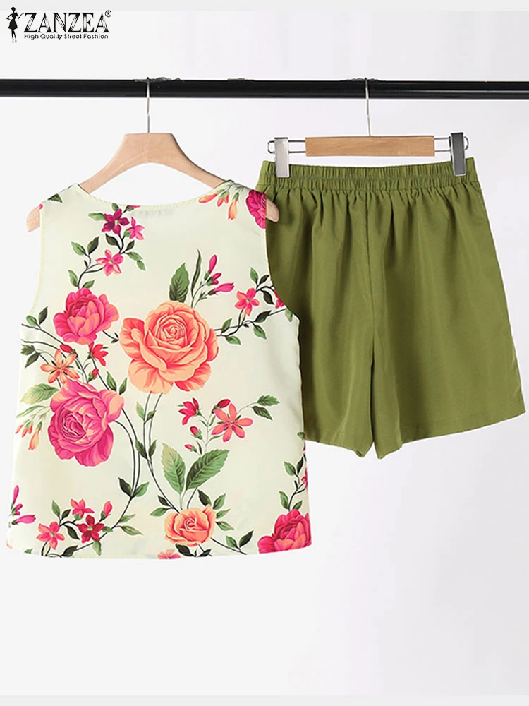 ZANZEA 2024 Summer Women Short Sets Bohemian Two Piece Sets Floral Printed Sleeveless Tops and Shorts Loose Casual Suits Outfits