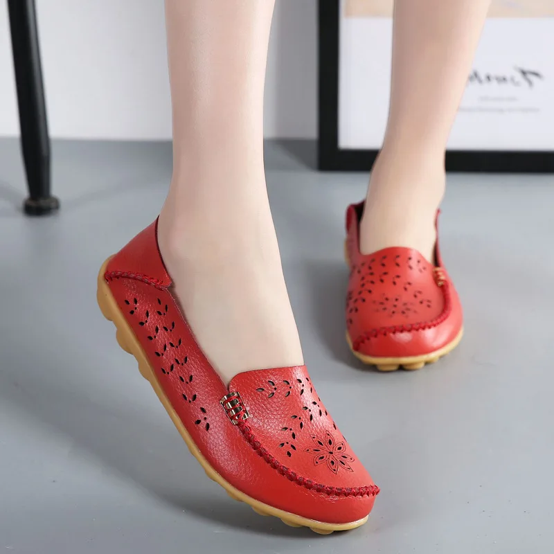 Summer Women\'s Ballet Flats Genuine Leather Hollow Out Casual Shoes Woman Slip on Loafers Flats Soft Oxford Shoes Zapatos Mujer