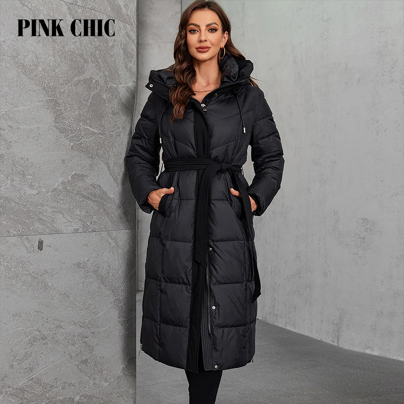 PINK CHIC Thickened Long Women\'s Winter Down Jacket Slim Fashion Quilted Jacket Hooded Snow Jacket W6558