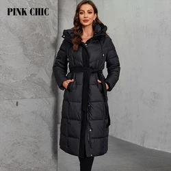 PINK CHIC Thickened Long Women's Winter Down Jacket Slim Fashion Quilted Jacket Hooded Snow Jacket W6558