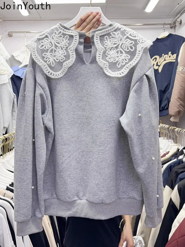 2024 Women Clothing Patchwork Lace Peter Pan Collar Sweatshirts Ropa Mujer Beading Fashion Sweet Hoodies Loose Y2k Tops 63a854