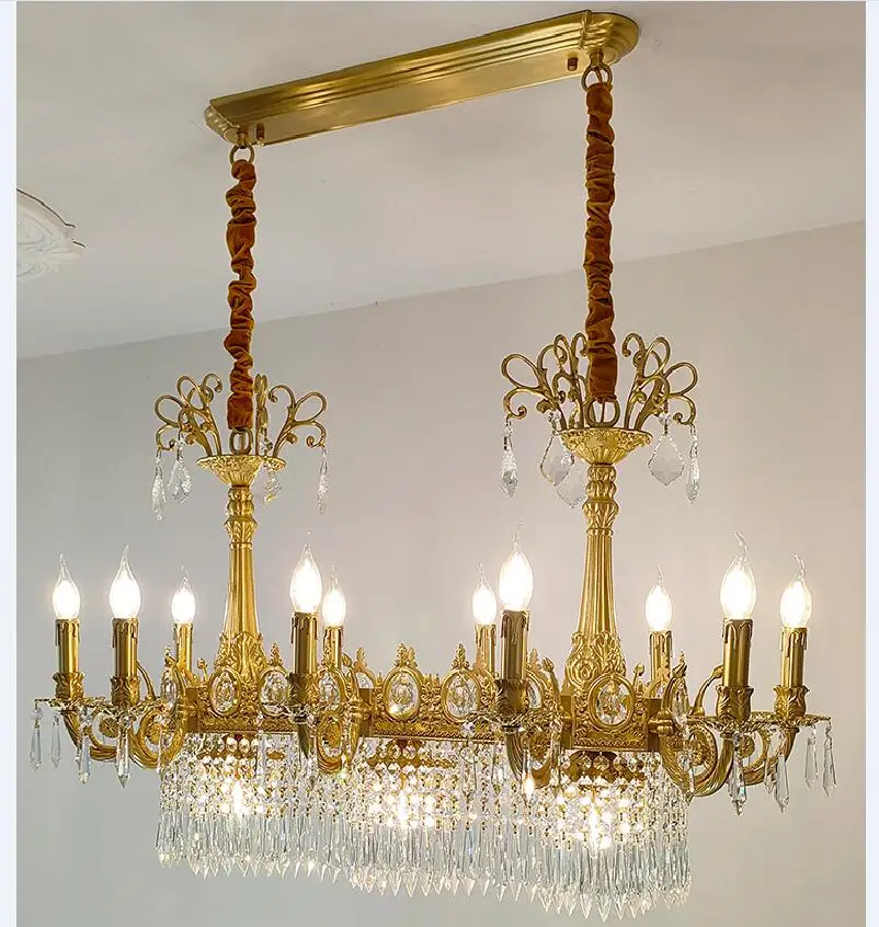 French Style Copper Pendant Lamp Solid Brass Crystal Chandelier L82cm W55cm 8+2l Candle Style Lustres Lighting