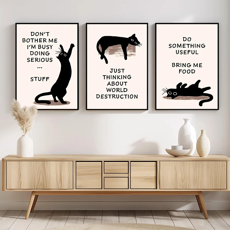 1pc frameless Canvas Painting 1pcs(No frame)Cat Thoughts Poster Canvas Printing Black Cat Minimalist Home Room Wall Decor Funny