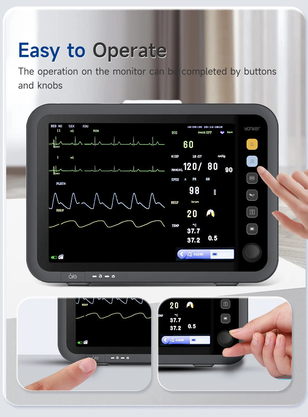 12 Inch Thin Screen Human 6-parameter Monitor ECG/NIBP/PR/SPO2/RESP/TEMP Patient Monitor Vital Signs