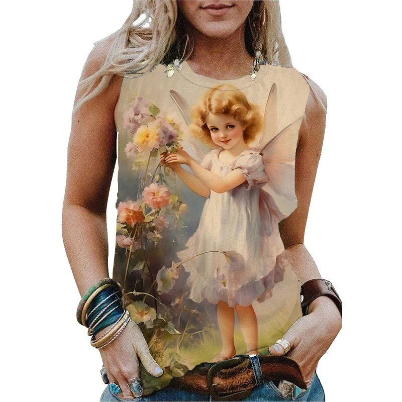 Fashion Summer Angel 3D Print Tank Tops Women Streetwear Casual Oversized O-Neck Vest Off Shoulder Sleeveless Woman Camisole