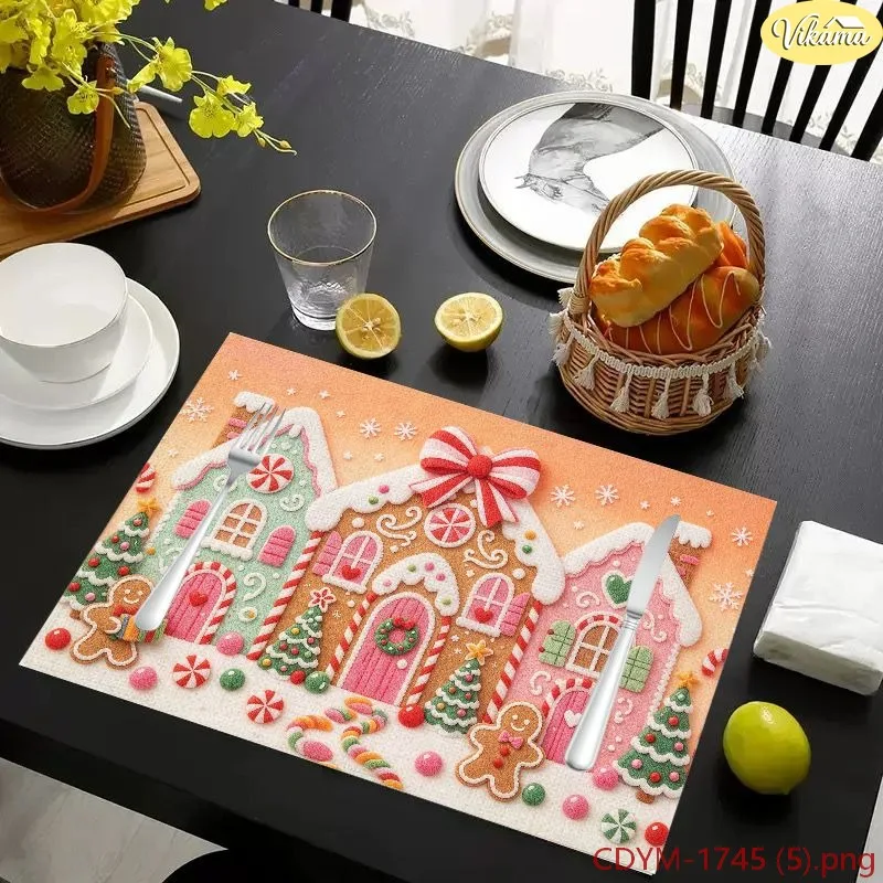 VIKAMA Christmas Placemats Orange Peach Gingerbread House Candy Cane Washable Dining Mat Winter Holiday Kitchen Party Decor