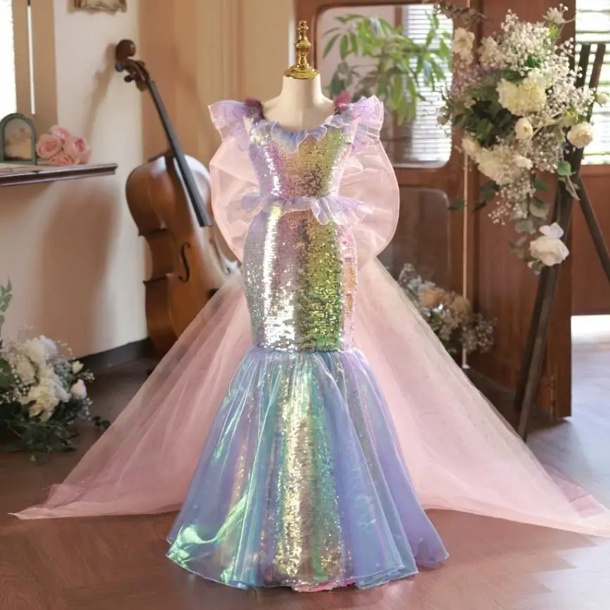 

High-End Children's Princess Mermaid Evening Gown Sequins Design Kids Wedding Birthday Baptism Eid Party Girls Dresses A3468