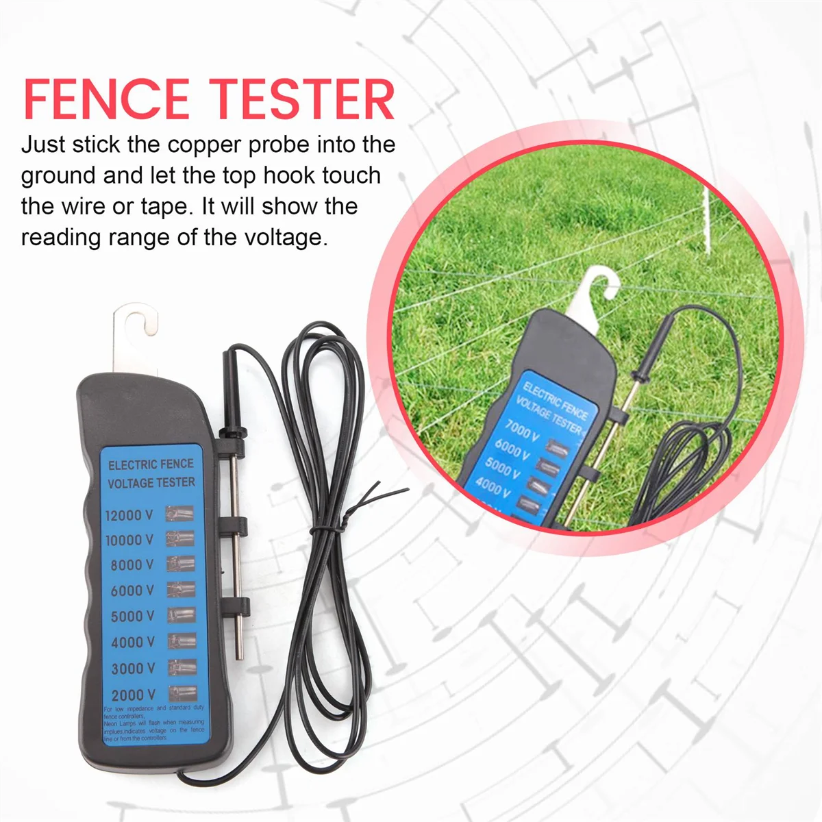 UTTG-Famoso prodotto 2Kv -12Kv Tester per recinzione elettrica di tensione, Tester per recinzione da cortile