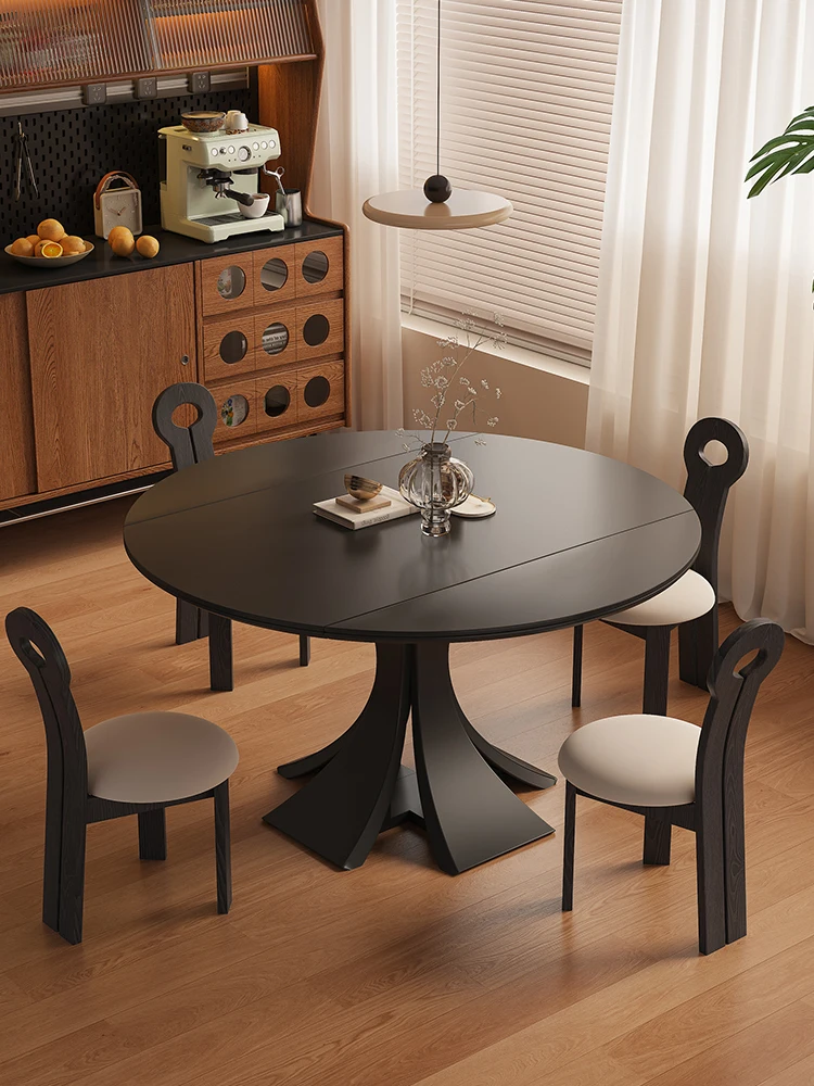 

Beilan black rock slab dining table variable round household solid wood dining family premium dining
