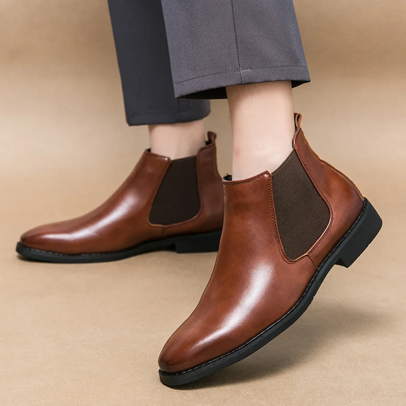 British Style Brown Men's Leather Boots Large Size 48 Pointed-toe Chelsea Boots Men Slip On Booties for Men Formal Shoes botas
